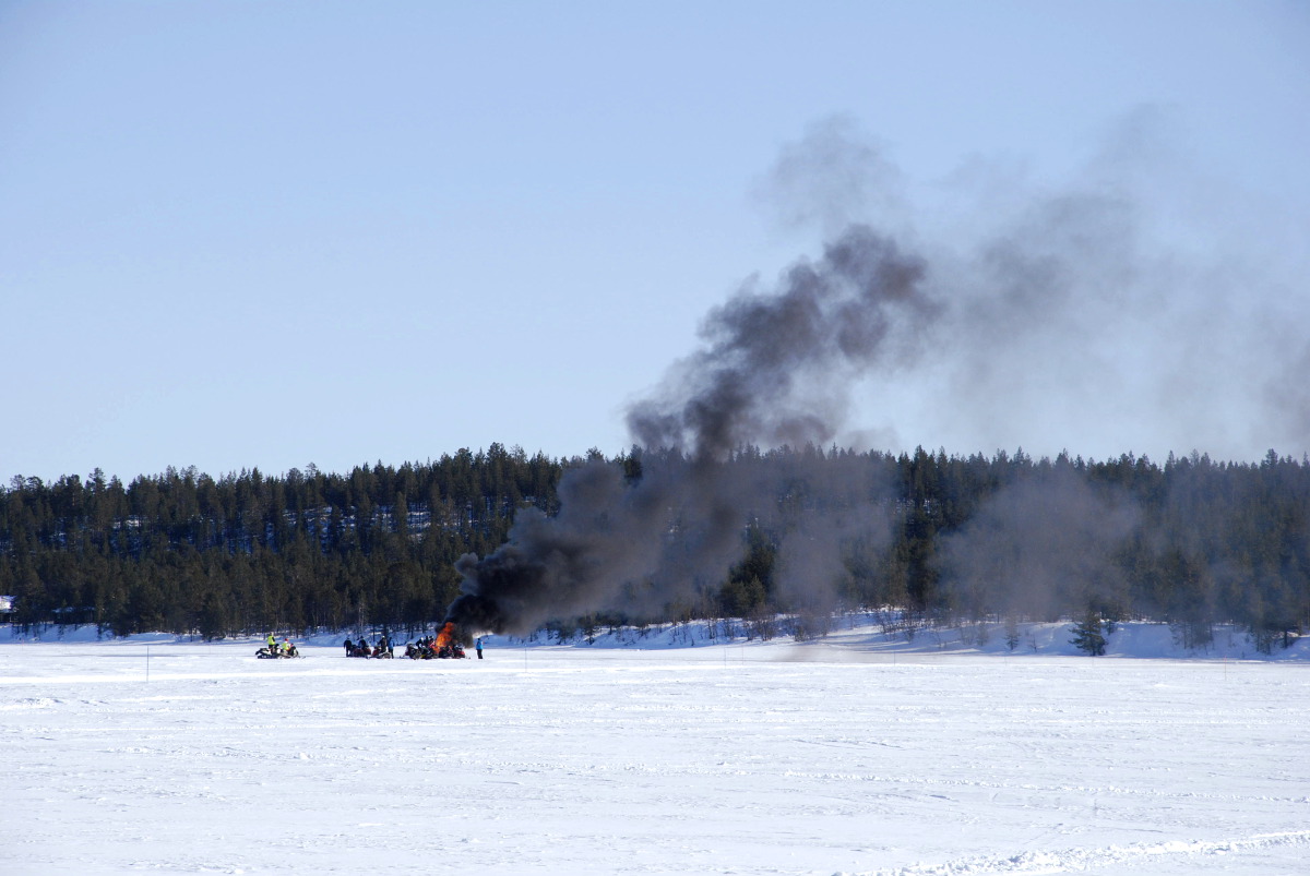 Burning snowmobile