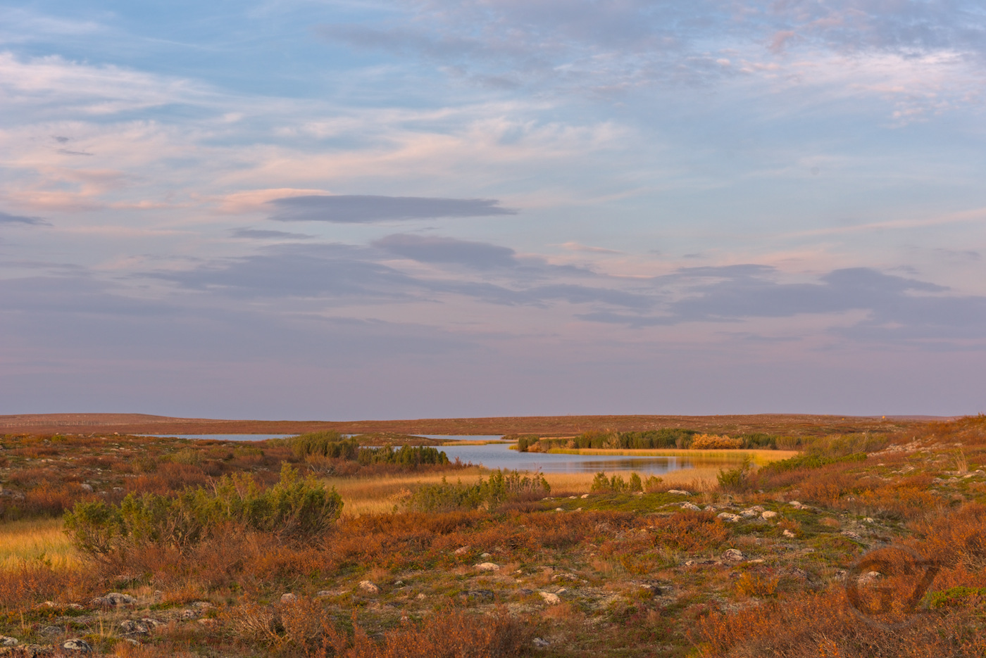 lake in tundra during sunset